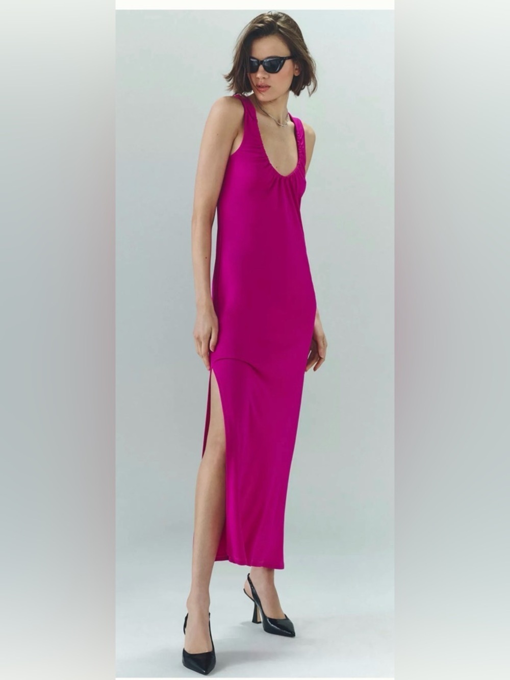 Anthropologie Ruched Scoop-Neck Midi Dress Fuschia Pink Sleeveless Dress Slit